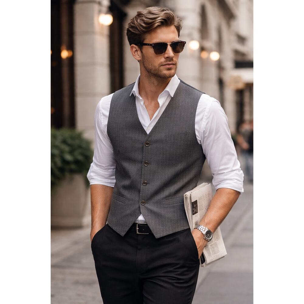Y2K Old Money Gray Tailored Vest Men’s M Preppy Office Siren Smart Layering - Picture 2 of 11